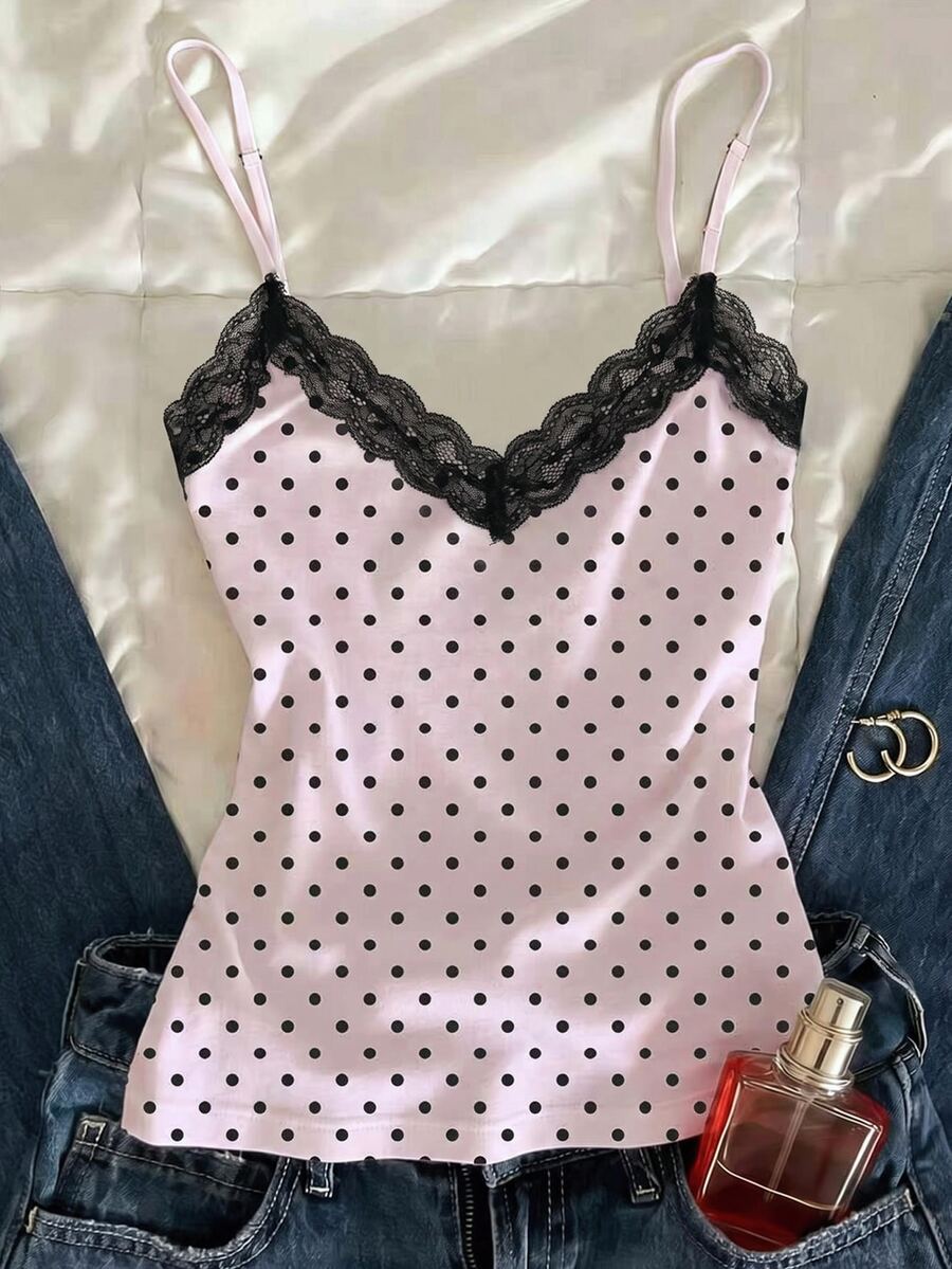 IslaSuriya Women's Polka Dot Print Fashion Lace Trim Camisole - Pink - View 1