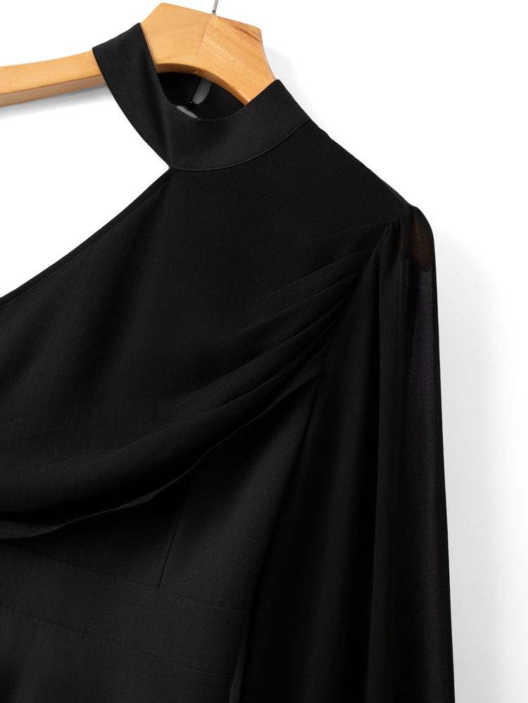 Penseblé Women's Black Halter Neck Asymmetrical Shoulder Patchwork Chiffon Petal Sleeve Ruched Waist A-Line Elegant Sophisticated Design Slimming Dress - Black - View 5