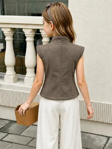 SHEIN Elladie kids 1pc Girls' Vintage Style Vest For Daily Outings In Spring, Summer, Autumn, Thermal Lined Thickened For Autumn And Winter - Khaki - View 2