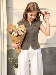 SHEIN Elladie kids 1pc Girls' Vintage Style Vest For Daily Outings In Spring, Summer, Autumn, Thermal Lined Thickened For Autumn And Winter - Khaki - View 6
