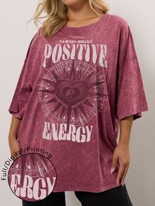EMERY ROSE Plus Size Women Heart Pattern Print Casual Loose Mid-Length Short Sleeve Round Neck T-Shirt - Dusty Pink - View 1