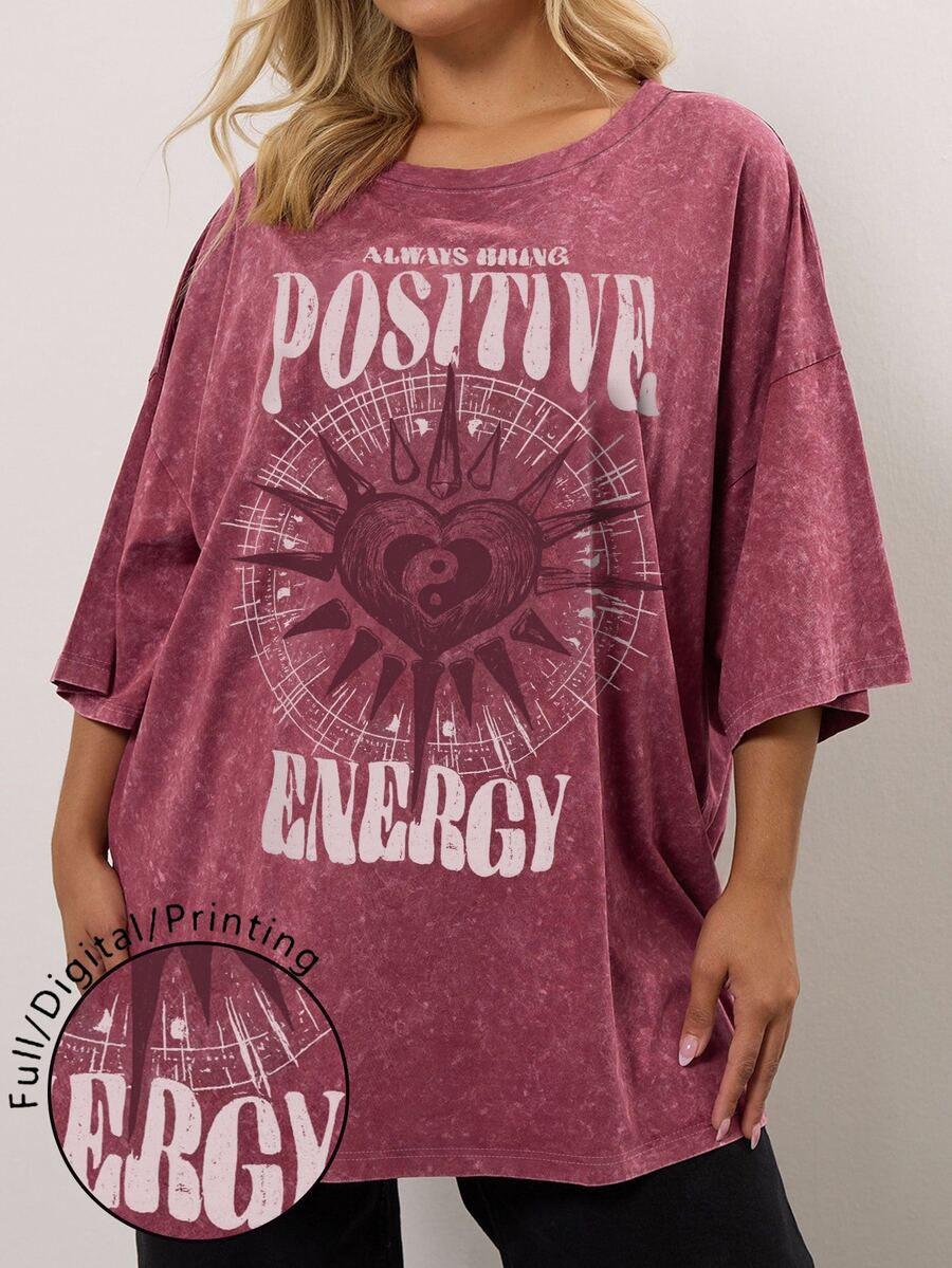 EMERY ROSE Plus Size Women Heart Pattern Print Casual Loose Mid-Length Short Sleeve Round Neck T-Shirt - Dusty Pink - View 1