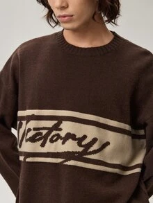 Men's Letter Pattern Crew Neck Long Sleeve Casual Sweater - Brown - View 7