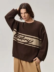Men's Letter Pattern Crew Neck Long Sleeve Casual Sweater - Brown - View 4