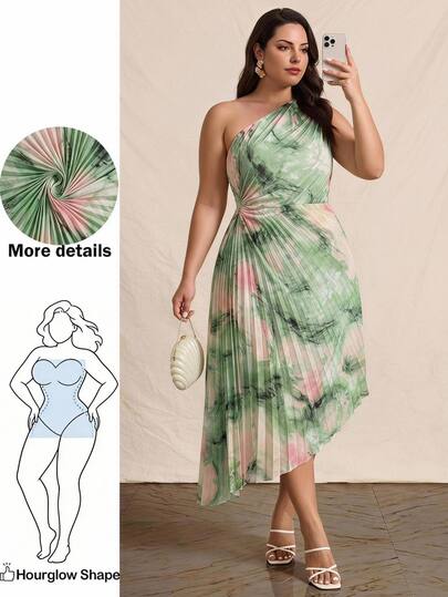 Hourglow Plus Size Women's Vacation Fashion Tie-Dye Pleated Asymmetric Hem Tie-Waist Elegant Dress Flower Print Dress For Women Wedding Guest Dress For Summer, For Hourglass Body Shape