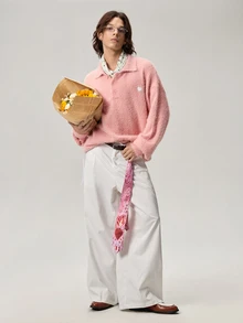Vaulklash Men's Casual Solid Color Knit Pink Sweater, Autumn/Winter Back To School Fur, Long Sleeve Top - Pink - View 2