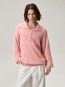 Vaulklash Men's Casual Solid Color Knit Pink Sweater, Autumn/Winter Back To School Fur, Long Sleeve Top - Pink - View 5