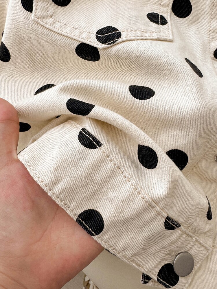 SHEIN Teen Girl Autumn Denim Jacket And Coat, Casual Fashion Cream White Polka Dot Denim Top Jacket, Long Sleeve Outerwear,Asual 100% Cotton Denim,To School - Multicolor - View 6