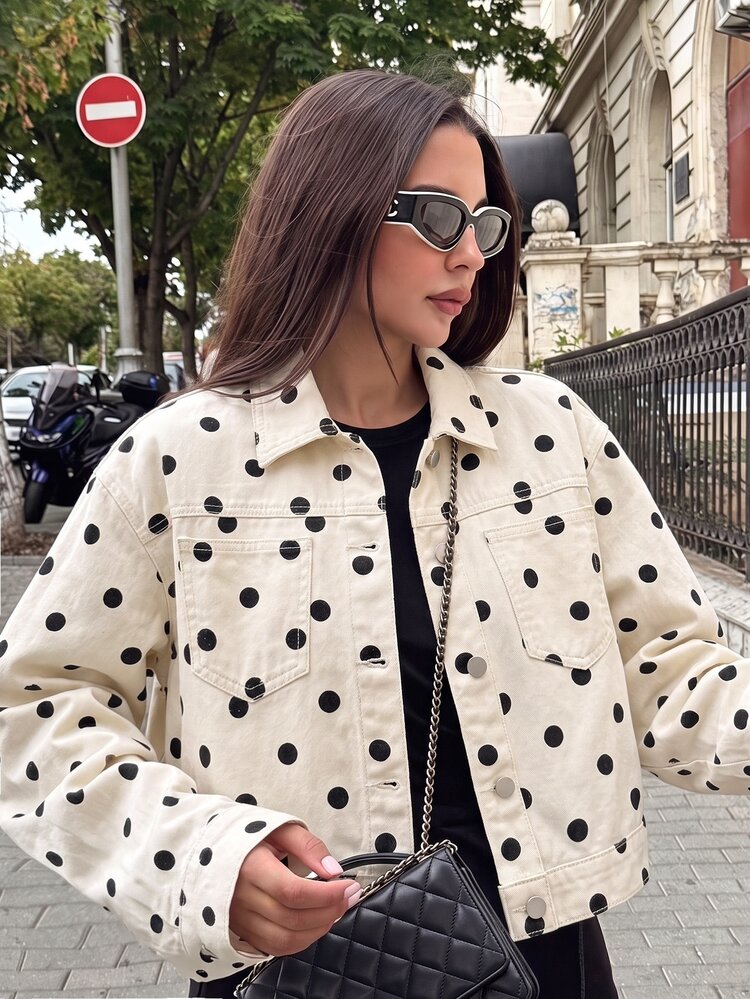 SHEIN Teen Girl Autumn Denim Jacket And Coat, Casual Fashion Cream White Polka Dot Denim Top Jacket, Long Sleeve Outerwear,Asual 100% Cotton Denim,To School - Multicolor - View 1