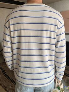 Resyla Men Men's Striped Pattern Button Long Sleeve Dropped Shoulder Round Neck Casual T-Shirt - White - View 2