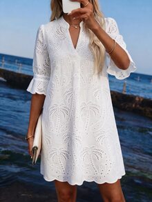 SHEIN Clasi Women's Solid Color Notched Neck Hollow Embroidered Casual Vacation Mini Dress White For Women Beach Resort Wear Zanea Woman - White - View 6