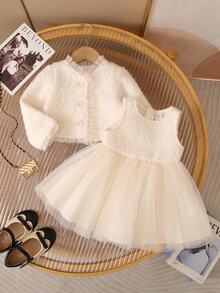 Baby Girl Autumn/Winter Casual Mesh Patchwork Jacket - Beige - View 6