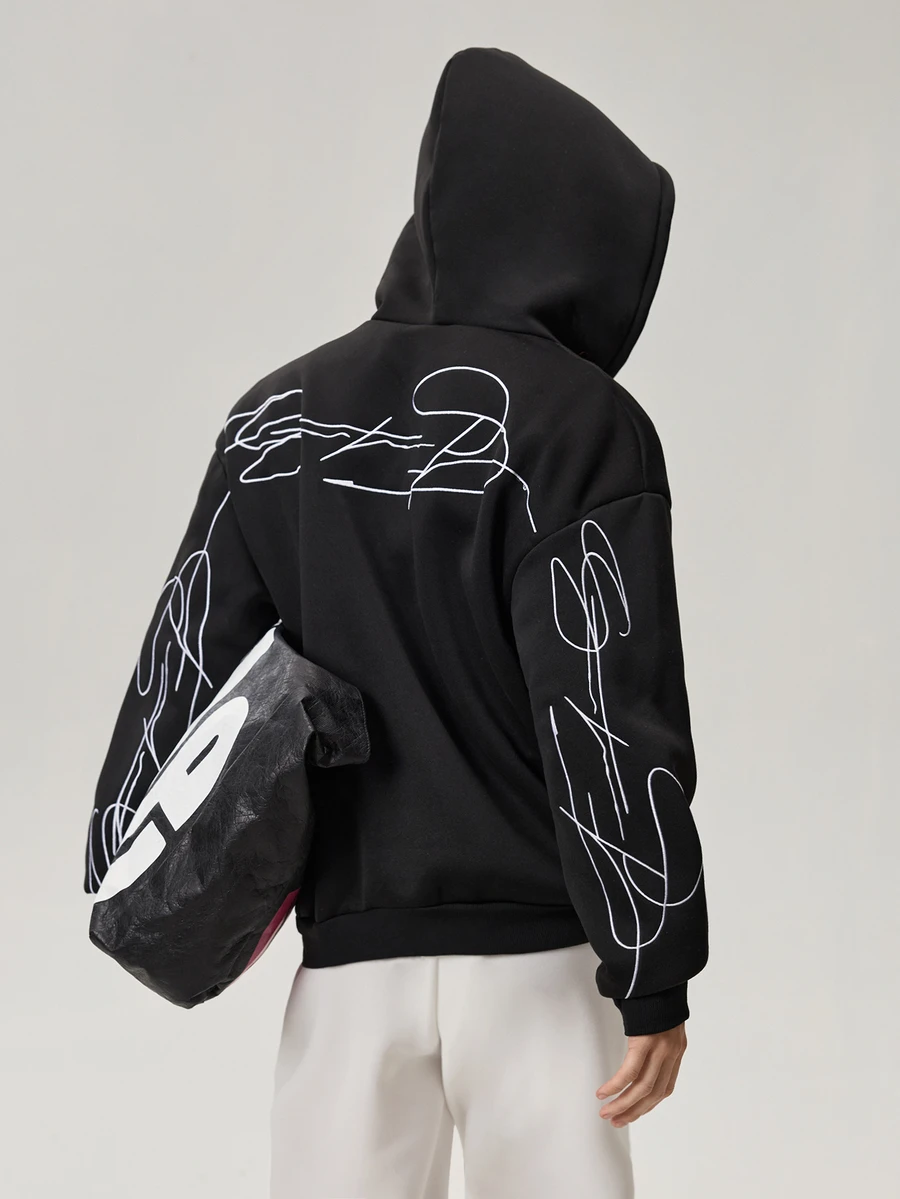 Vaulklash Manfinity Streetrush 男士黑白創意文字刺繡保暖拉鍊連帽衫,街頭風,秋季,城市休閒,開學季,2000年代風格 - 深黑 - 查看 1