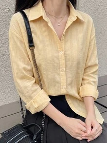 DAZY Minimalist Casual Textured Front Button Loose Shirt Long Sleeve - Yellow - View 4