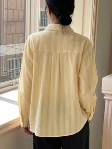 DAZY Minimalist Casual Textured Front Button Loose Shirt Long Sleeve - Yellow - View 5