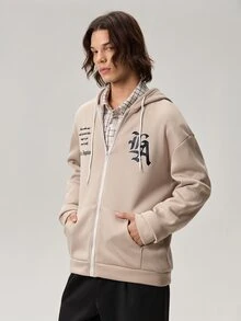 Vaulklash Men's Loose Fit Letter Printed Zipper Hoodie With Pocket, For Fall, Long Sleeve Top - Khaki - View 7