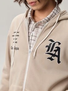 Vaulklash Men's Loose Fit Letter Printed Zipper Hoodie With Pocket, For Fall, Long Sleeve Top - Khaki - View 9