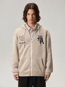 Vaulklash Men's Loose Fit Letter Printed Zipper Hoodie With Pocket, For Fall, Long Sleeve Top - Khaki - View 6