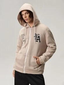 Vaulklash Men's Loose Fit Letter Printed Zipper Hoodie With Pocket, For Fall, Long Sleeve Top - Khaki - View 5