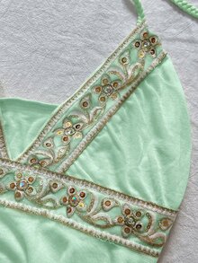 IslaSuriya Women's Asymmetric Hem Ribbon Trim Halter Neck Top - Green - View 4