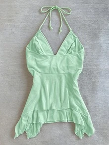 IslaSuriya Women's Asymmetric Hem Ribbon Trim Halter Neck Top - Green - View 2