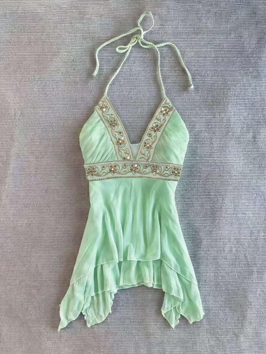 IslaSuriya Women's Asymmetric Hem Ribbon Trim Halter Neck Top - Green - View 1