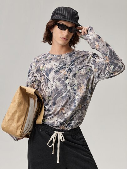 Vaulklash Maglietta casual da uomo a maniche lunghe con stampa a rami, autunno