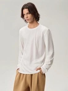 Vaulklash Herr Enfärgad Rund Hals Långärmad T-shirt, Höst - Vitt - Visa 5
