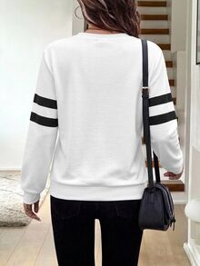 SHEIN LUNE Casual Women's Fall Cotton Sweatshirt Back-To-School Graduation College Work Travel Wear Black And White Striped - Black and White - View 2