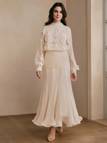 Anewsta Vestido de cena elegante y modesto de gasa con cuello en V, volantes, manga larga, patchwork y bajo acampanado, ajustado al Body, color blanco crema, para boda, otoño, para mujer - Albaricoque - Ver 5