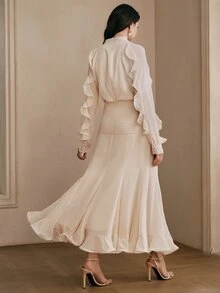 Anewsta Vestido de cena elegante y modesto de gasa con cuello en V, volantes, manga larga, patchwork y bajo acampanado, ajustado al Body, color blanco crema, para boda, otoño, para mujer - Albaricoque - Ver 2