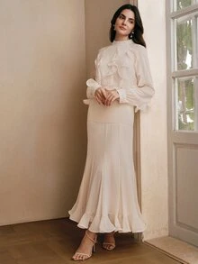 Anewsta Vestido de cena elegante y modesto de gasa con cuello en V, volantes, manga larga, patchwork y bajo acampanado, ajustado al Body, color blanco crema, para boda, otoño, para mujer - Albaricoque - Ver 6