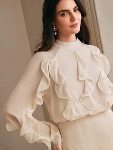 Anewsta Vestido de cena elegante y modesto de gasa con cuello en V, volantes, manga larga, patchwork y bajo acampanado, ajustado al Body, color blanco crema, para boda, otoño, para mujer - Albaricoque - Ver 3