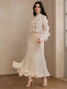 Anewsta Vestido de cena elegante y modesto de gasa con cuello en V, volantes, manga larga, patchwork y bajo acampanado, ajustado al Body, color blanco crema, para boda, otoño, para mujer - Albaricoque - Ver 1