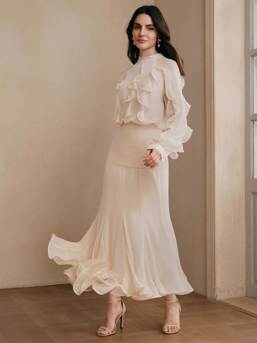 Anewsta Vestido de cena elegante y modesto de gasa con cuello en V, volantes, manga larga, patchwork y bajo acampanado, ajustado al Body, color blanco crema, para boda, otoño, para mujer - Albaricoque - Ver 1
