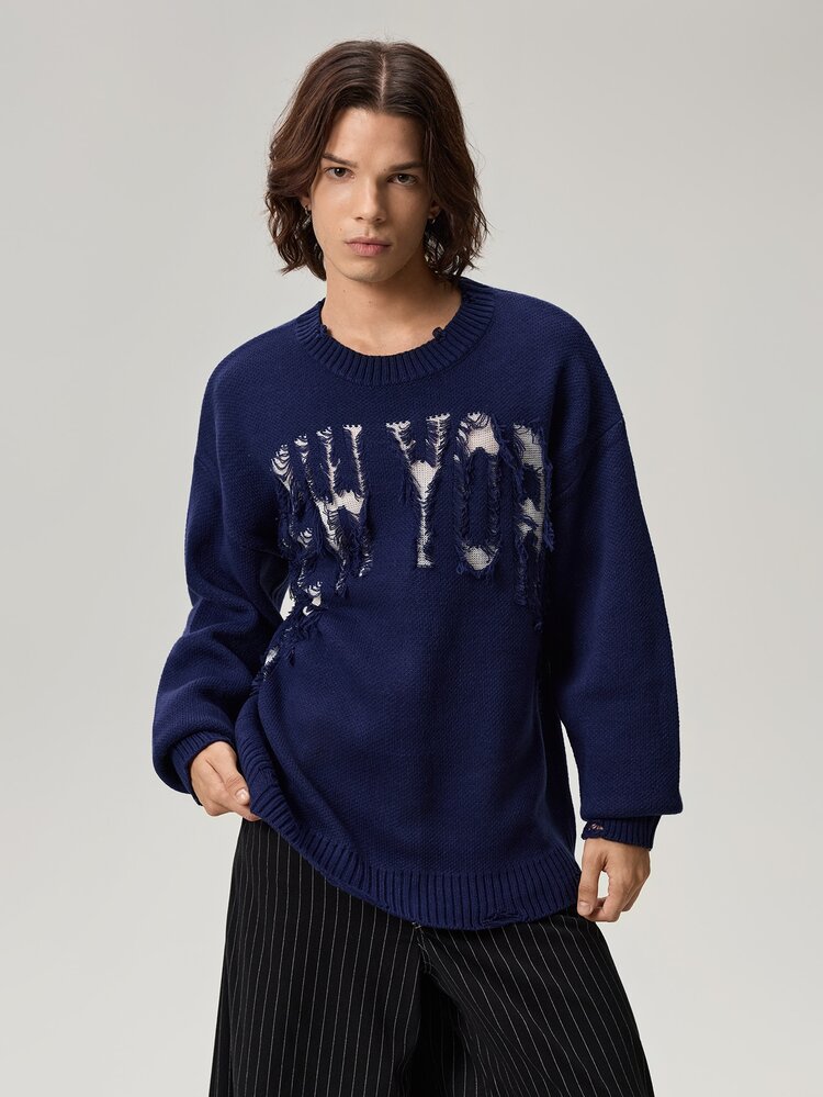 Vaulklash Men's Letter Distressed Crew Neck Long Sleeve Casual Sweater, Autumn/Winter - Navy Blue - View 4