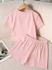 青少年女孩 2件組/套 短袖圓領夏季粉色休閒迷你套裝！修身短版T恤搭配高腰鬆緊腰短褲 - 粉色 - 查看 2