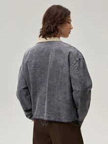 Vaulklash Men's Navy Blue & Khaki Color Block Distressed Letter Rhinestone Washed Denim Jacket,Dark Grey,Autumn,Streetwear,City Break,Cropped Zipper Outerwear - Multicolor - View 3