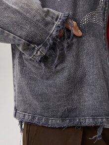 Vaulklash Men's Navy Blue & Khaki Color Block Distressed Letter Rhinestone Washed Denim Jacket,Dark Grey,Autumn,Streetwear,City Break,Cropped Zipper Outerwear - Multicolor - View 8