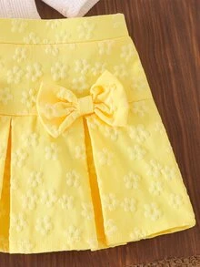 SHEIN Playful Pals 2pcs Baby Girl Cottagecore Sweet Party Daily Spring Ruffle Shoulder Bow Decor Top Floral Print Pleated Skirt Outfit Set - Yellow - View 7