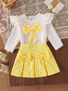 SHEIN Playful Pals 2pcs Baby Girl Cottagecore Sweet Party Daily Spring Ruffle Shoulder Bow Decor Top Floral Print Pleated Skirt Outfit Set - Yellow - View 6