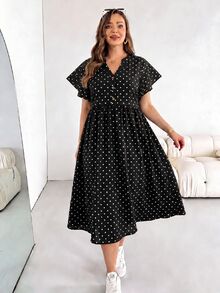 SHEIN Essnce 大尺碼女款夏季休閒 1960s 90s 度假風黑白圖案 V 領口袋腰帶洋裝 - 彩色 - 查看 5