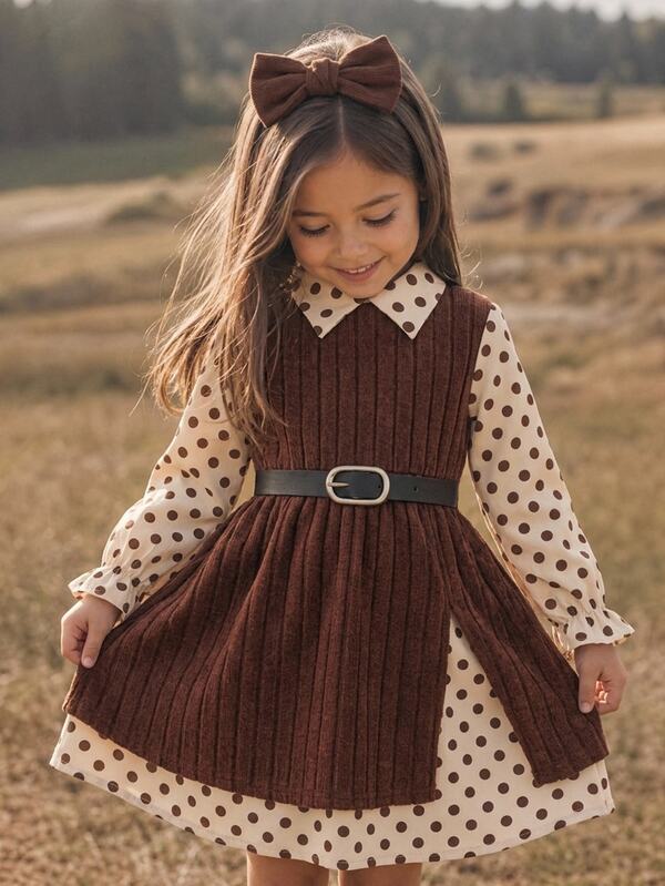 SHEIN Young Girl Kids Collar Polka Dot Patchwork 2 In 1 Dress Without Belt Casual Cute Colorblock Polka Dot Spaghetti Strap Dress Elegant Fashion Daily