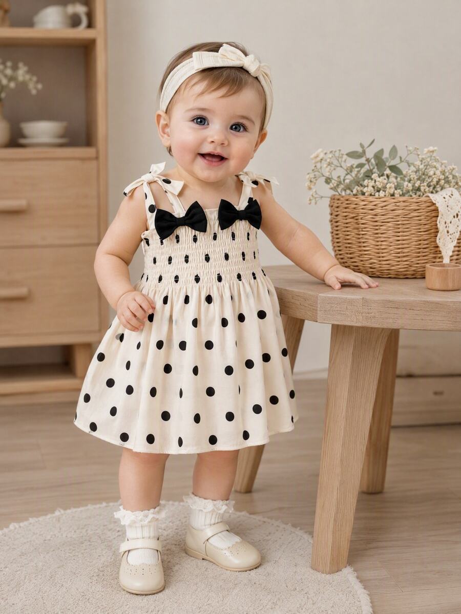 SHEIN Playful Pals 女嬰夏季度假拼接蝴蝶結肩帶刺繡下擺洋裝 生日白色與黑色波點可愛風 - 黑與白 - 查看 1