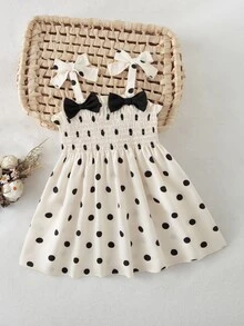 SHEIN Playful Pals 女嬰夏季度假拼接蝴蝶結肩帶刺繡下擺洋裝 生日白色與黑色波點可愛風 - 黑與白 - 查看 3