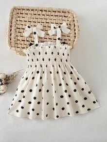 SHEIN Playful Pals 女嬰夏季度假拼接蝴蝶結肩帶刺繡下擺洋裝 生日白色與黑色波點可愛風 - 黑與白 - 查看 4