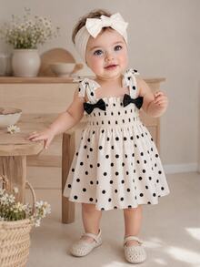 SHEIN Playful Pals 女嬰夏季度假拼接蝴蝶結肩帶刺繡下擺洋裝 生日白色與黑色波點可愛風 - 黑與白 - 查看 2