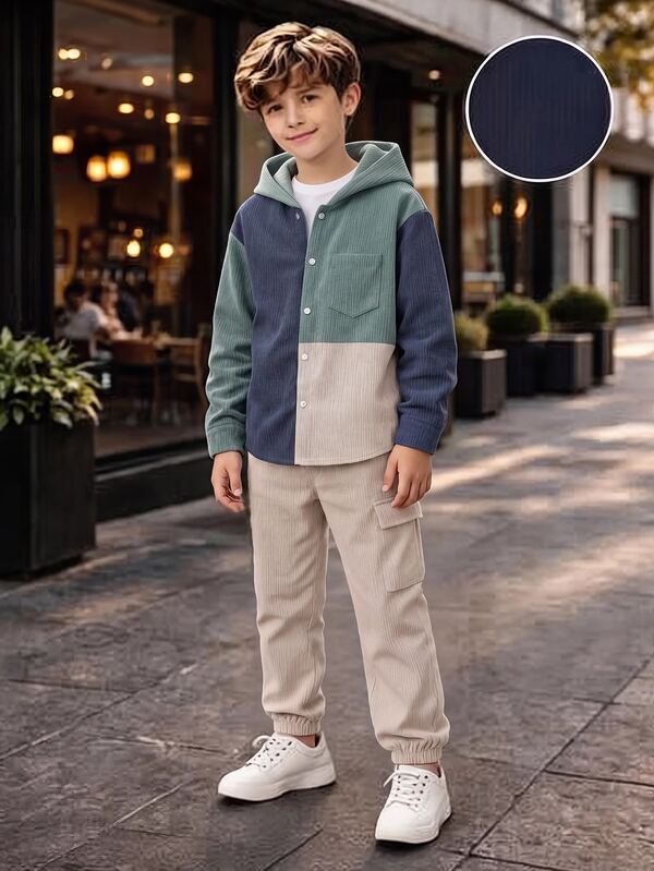 SHEIN Conjunto de chaqueta con capucha de forro polar con bloques de color y pantalones largos de cintura elástica, estilo deportivo casual universitario versátil para niño preadolescente, adecuado para desplazamientos, escuela, salidas casuales diarias, deportes, otoño/invierno