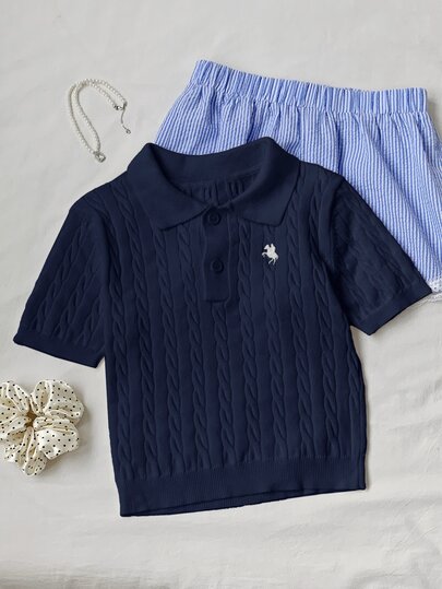 Comfortcana Women's Casual Everyday Embroidered Star Navy Blue Short Sleeve Twist Knit Top Fall Tops,Tops For School