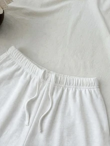 SHEIN Tween Girls' Solid Color Drawstring Waist Casual Versatile Daily Wear Shorts - White - View 2